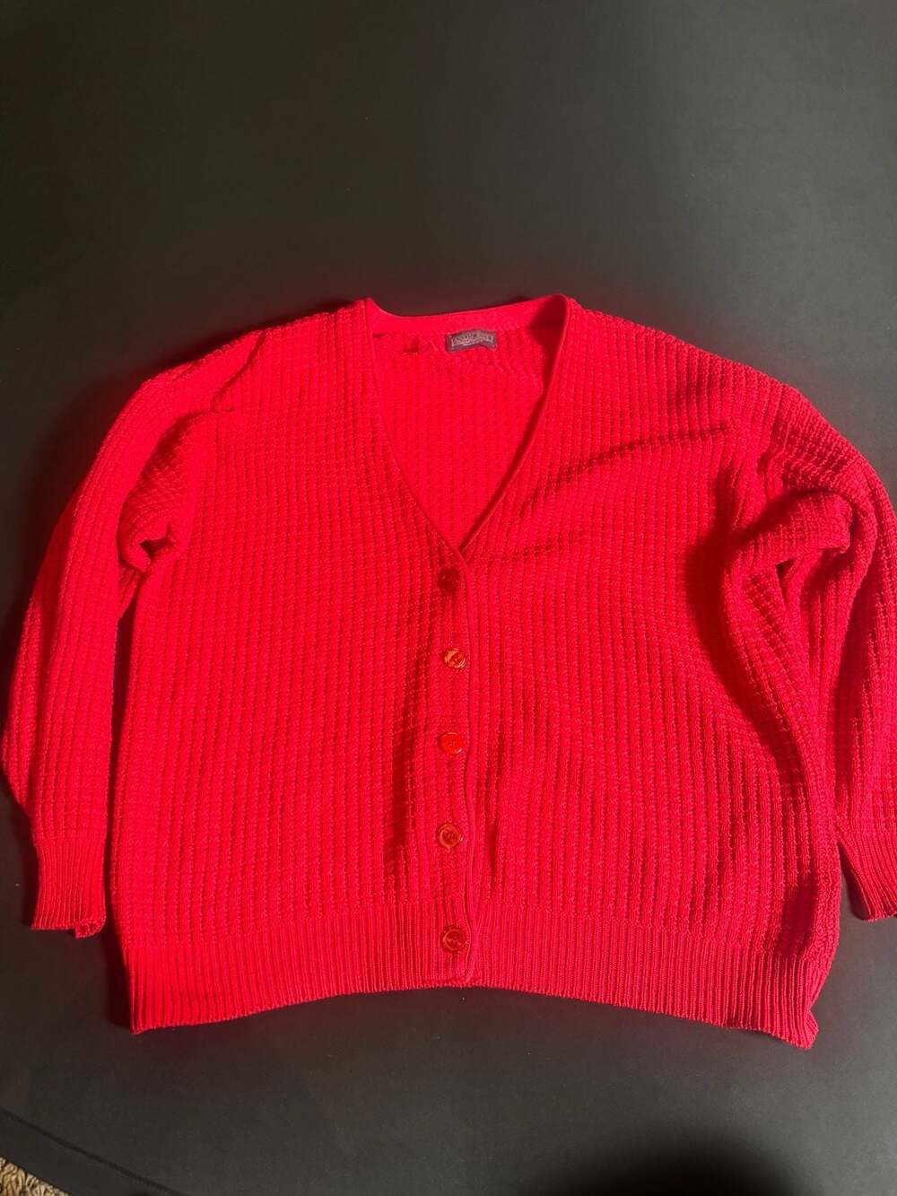Vintage Lands' End Red 100% Cotton Ribbed Knit V-Neck Cardigan Sweater Made in U